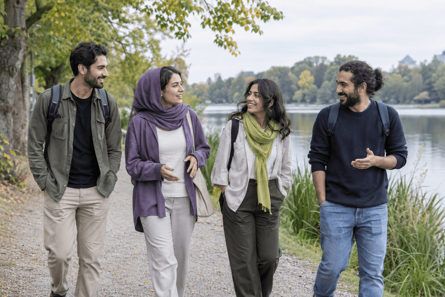تصویر مفهومی همراهی چند دوست در پیاده‌روی کنار دریاچه